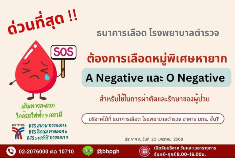 ธนาคารเลือด รพ.ตำรวจ มีความจำเป็นเร่งด่วน ต้องใช้ หมู่เลือดพิเศษหายาก